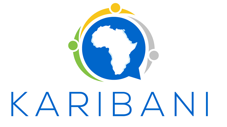KARIBANI logo, a speech bubble/ globe structure with Africa shaped in the middle